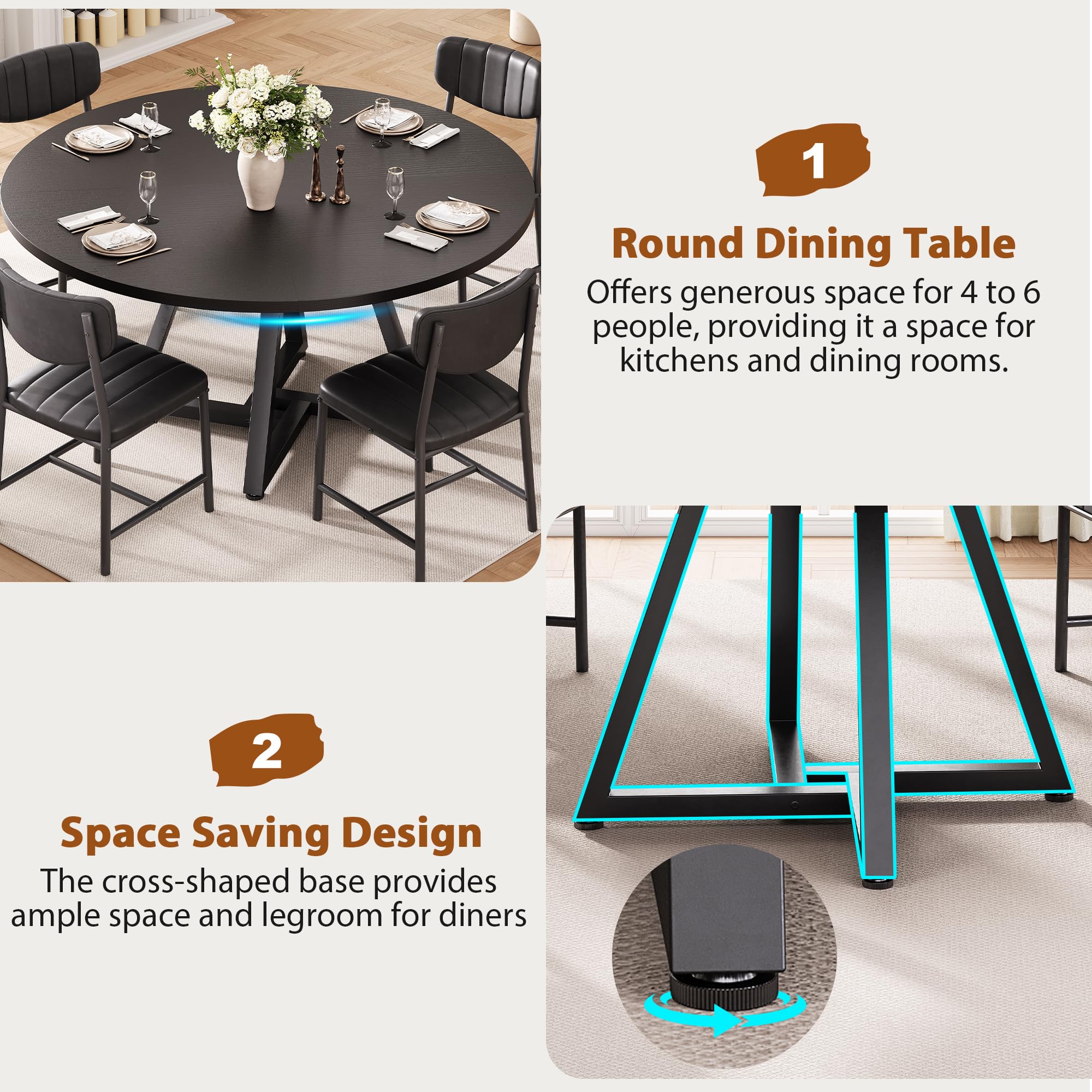 Jocoevol Round Dining Table and 4 Chairs Set of 4, Circle Dinner Table with Metal Frame, Space Saving Wood Industrial Furniture (Black, 42 inch)