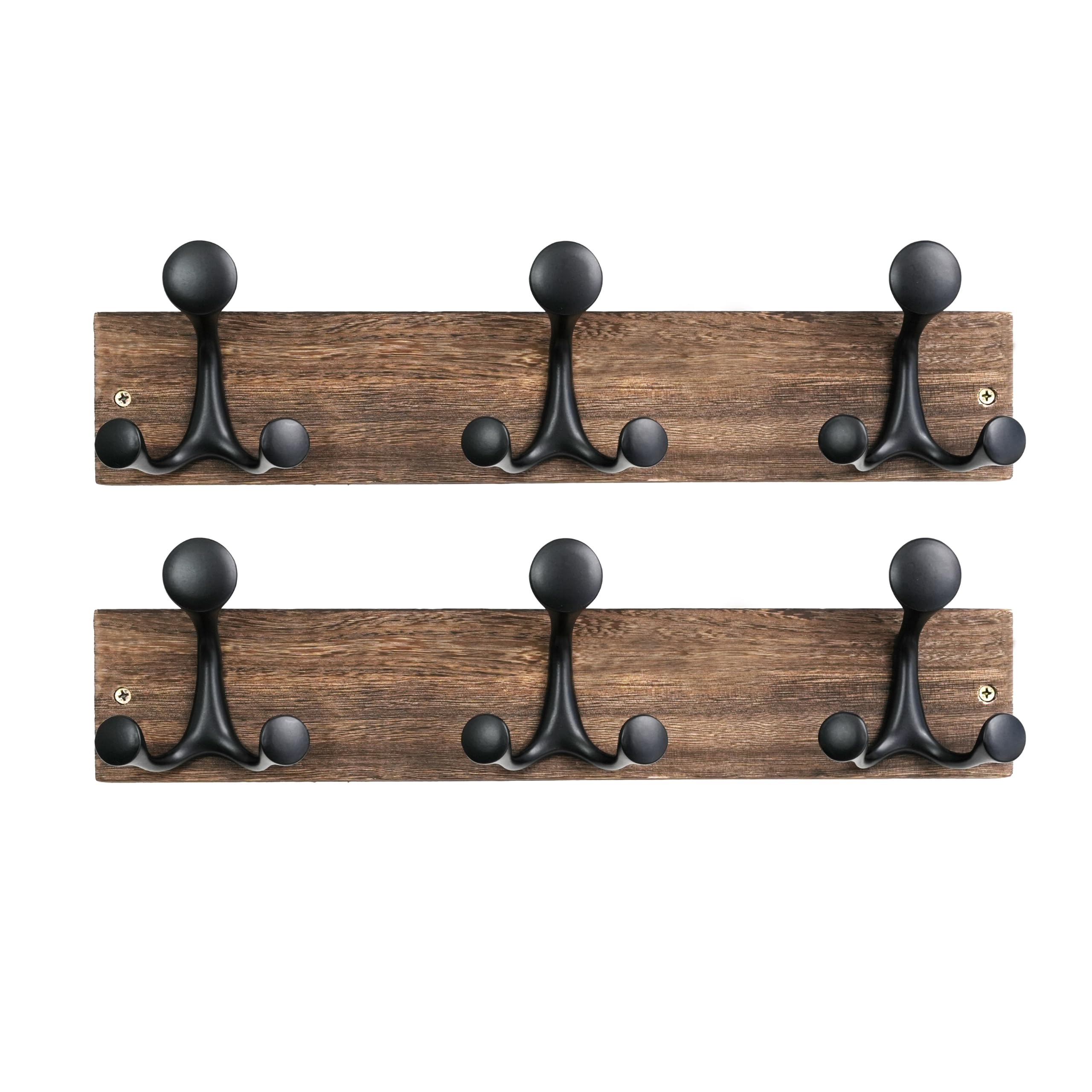 HONSKY Wall Mounted Coat Rack, 43cm Paulownia Wood Backboard, 3 Sturdy Black Aluminium Alloy Triple Hooks (9 Hanging Points)