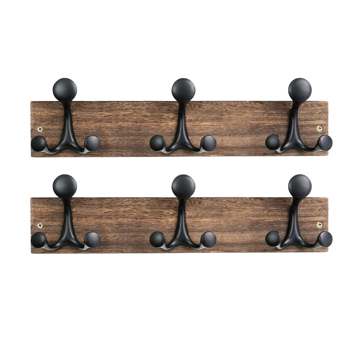 HONSKY Wall Mounted Coat Rack, 43cm Paulownia Wood Backboard, 3 Sturdy Black Aluminium Alloy Triple Hooks (9 Hanging Points)