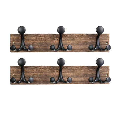 HONSKY Wall Mounted Coat Rack, 43cm Paulownia Wood Backboard, 3 Sturdy Black Aluminium Alloy Triple Hooks (9 Hanging Points)