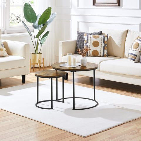 Yaheetech Round Nesting Coffee Tables Set of 2, Rustic Brown Wood Effect
