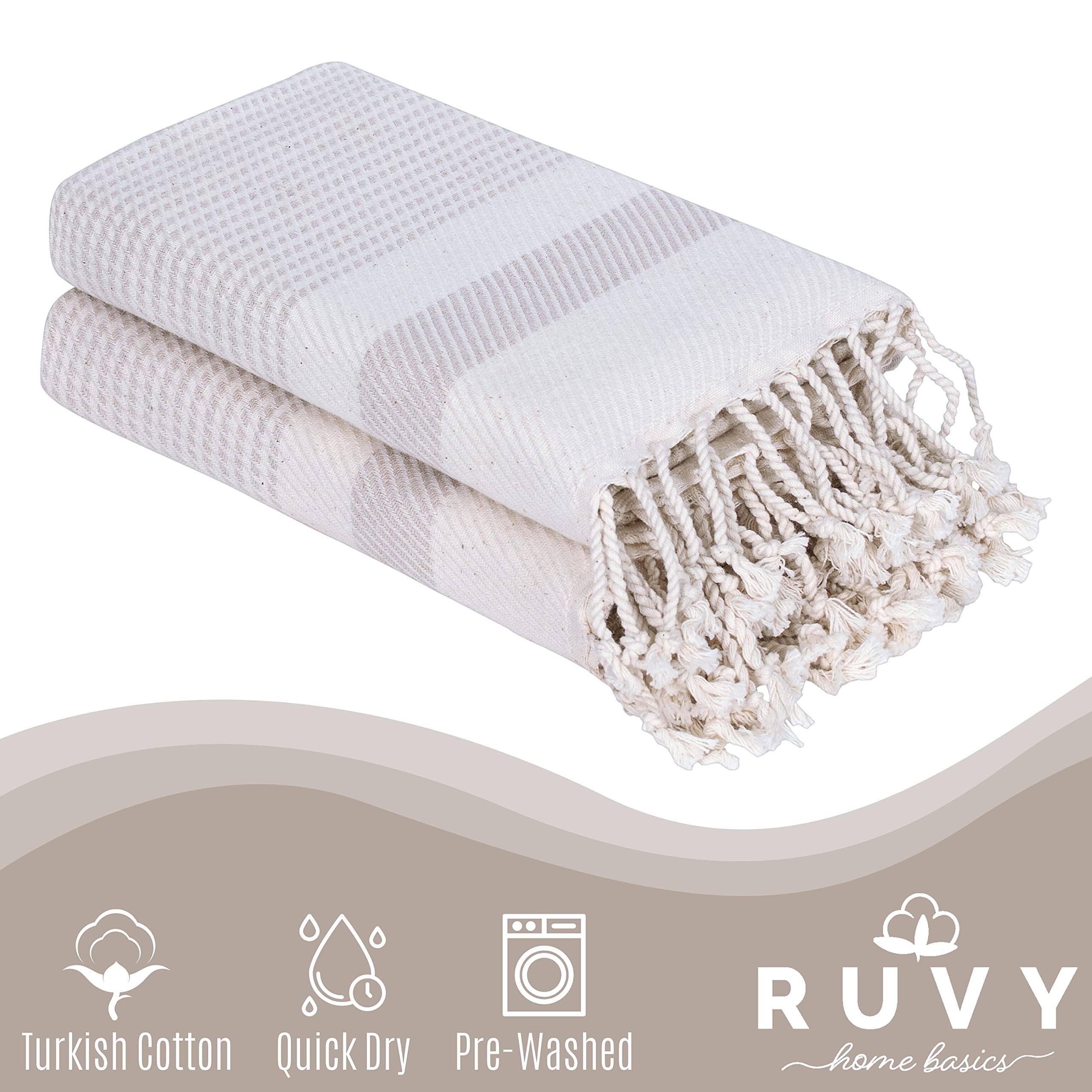Ruvy Home Basics Turkish Hand Towels Set of 2 | 16x40 inches, 100% Turkish Cotton | Bathroom, Kitchen, Yoga, Gym, Spa, Tea, Dishcloth, Face - Beige