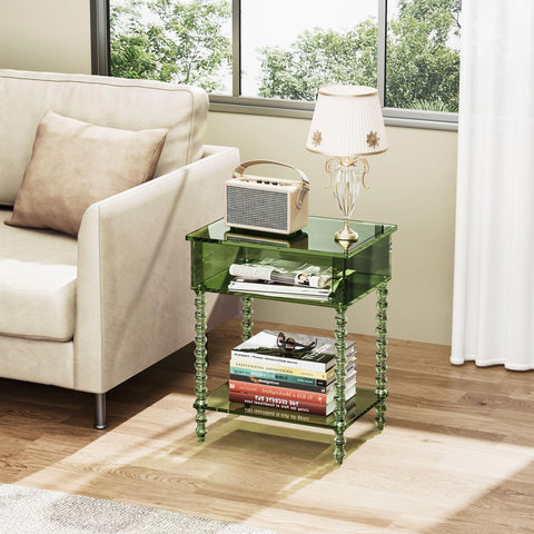 Dewrhiixe Acrylic Side Table, Clear 3-Tier End Table with Storage, Nightstand for Living Room, Bedroom, Office (Green, 40x30x50 cm)