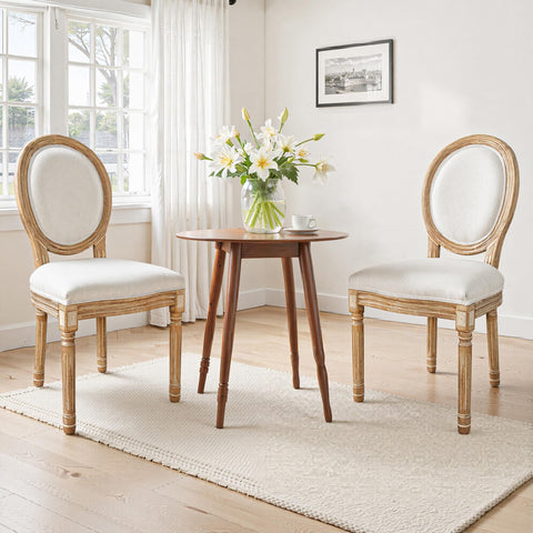 BonVache Cream Dining Chairs Set of 2, Upholstered Linen Vanity Chair with Oval Birch Backrest