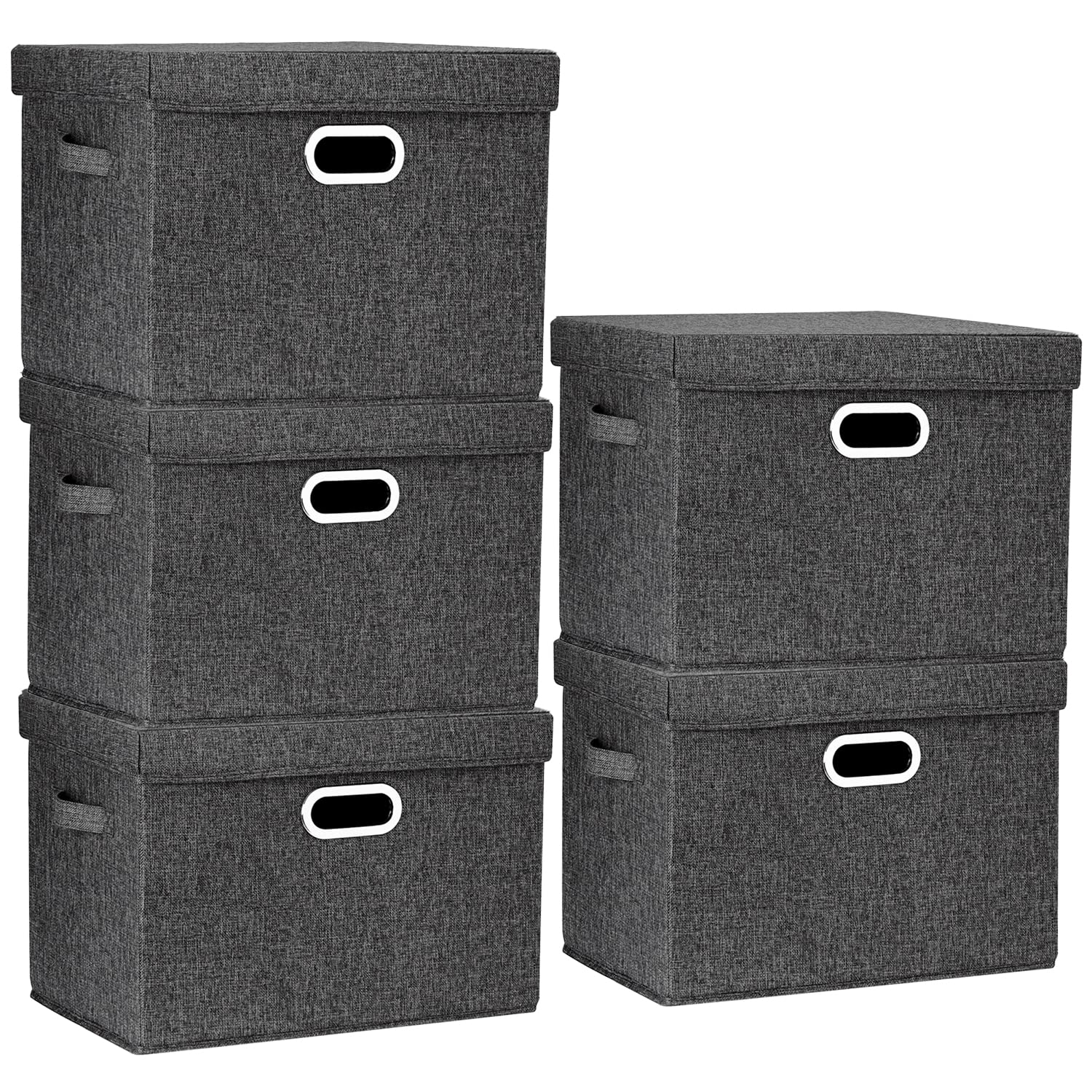 TYEERS Large Storage Box with Lid, Collapsible, Washable, Fabric Storage Box for Clothes, Wardrobe Storage, 44x30x29 cm, Set of 5, Black
