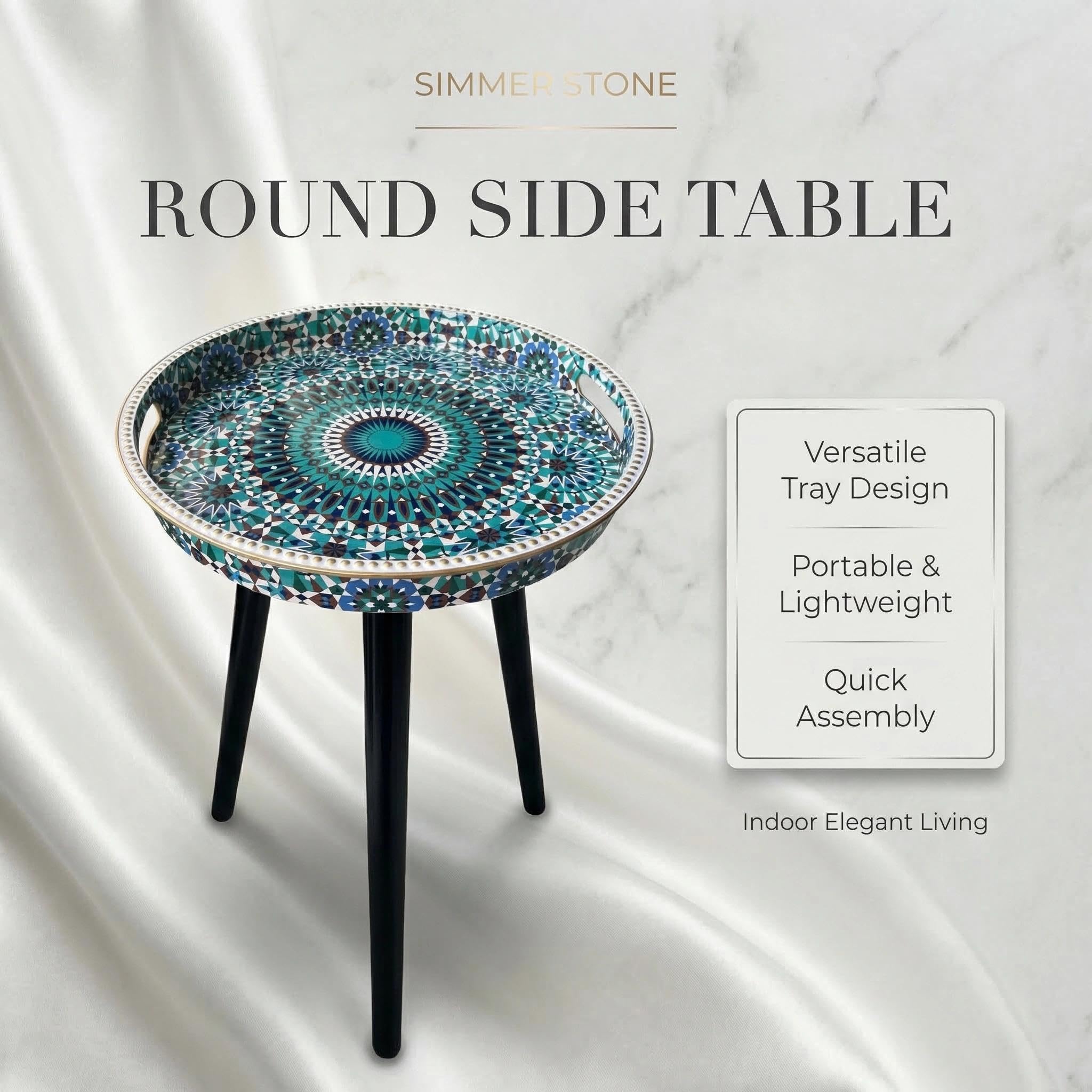 Simmer Stone Round Indoor Side Tables with Detachable Wooden 3 Legs, Versatile Tray Table, Perfect For Round Coffee Table Tea