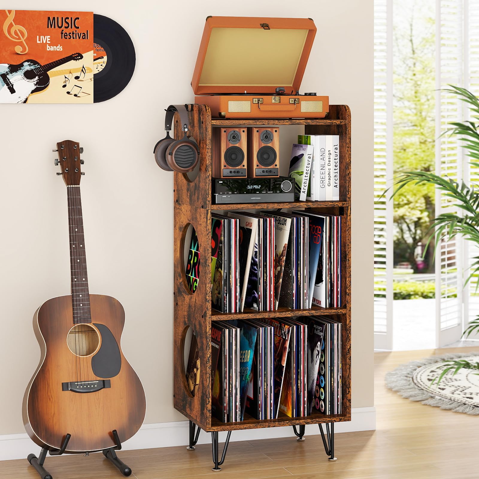 ikkle Record Player Stand, 4 Tier Vinyl Storage Cabinet with Hollow Design