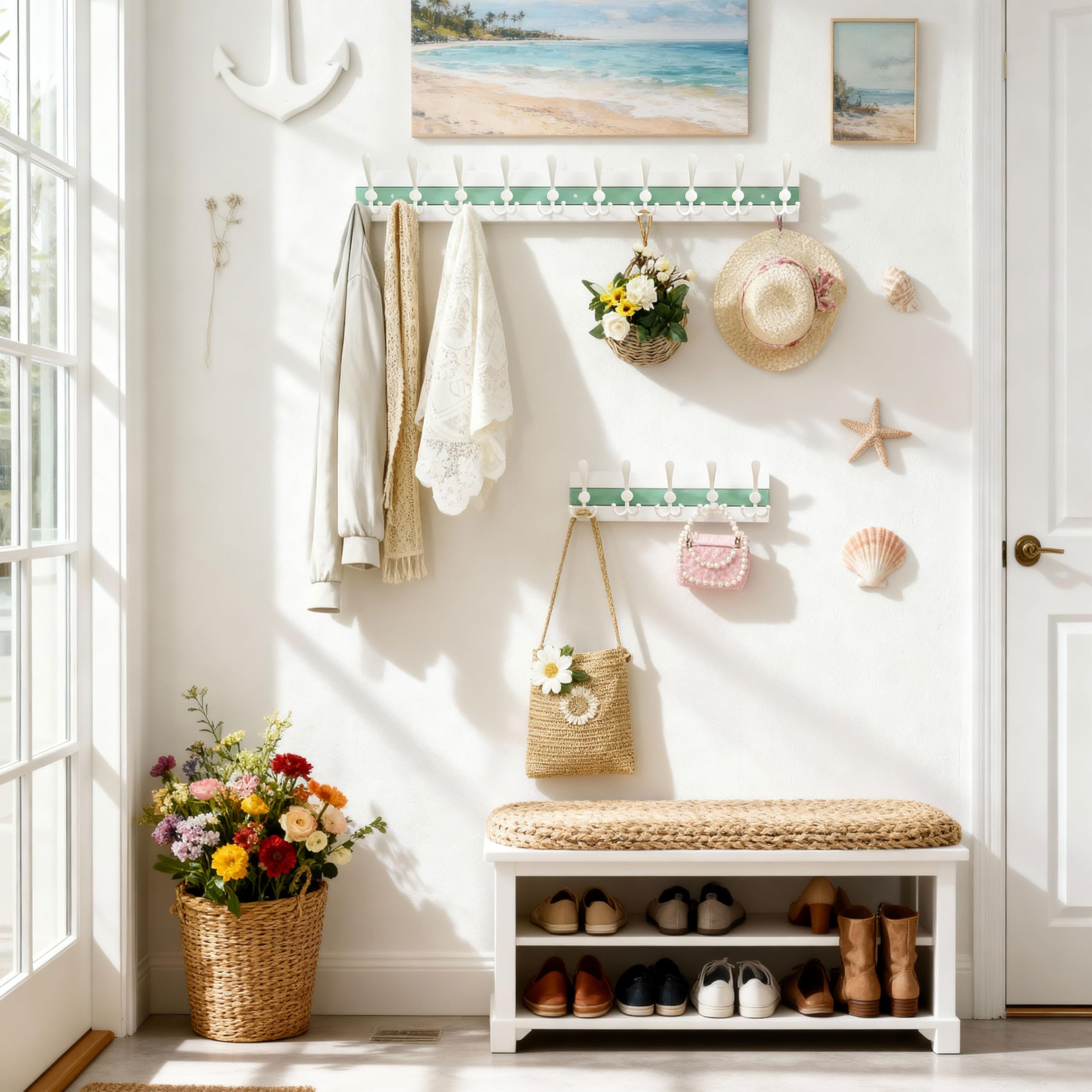 SKOLOO Coastal Wall Mounted Coat Rack - 38-1/8" Beach House Entryway Wooden Coat Hook with 10 Hooks for Hanging Coats, Hats or Towels
