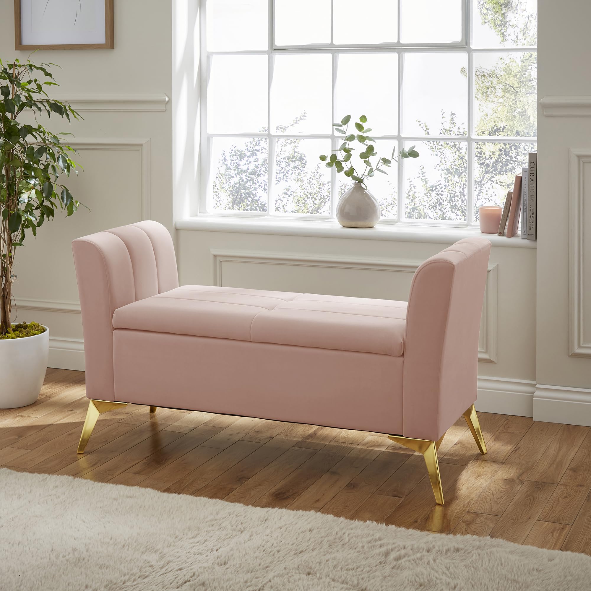 GFW Pettine Pink Upholstered Ottoman Storage Bench, Velvet Storage Seat with Hidden Compartment, Gold Metal Legs and Deco Design