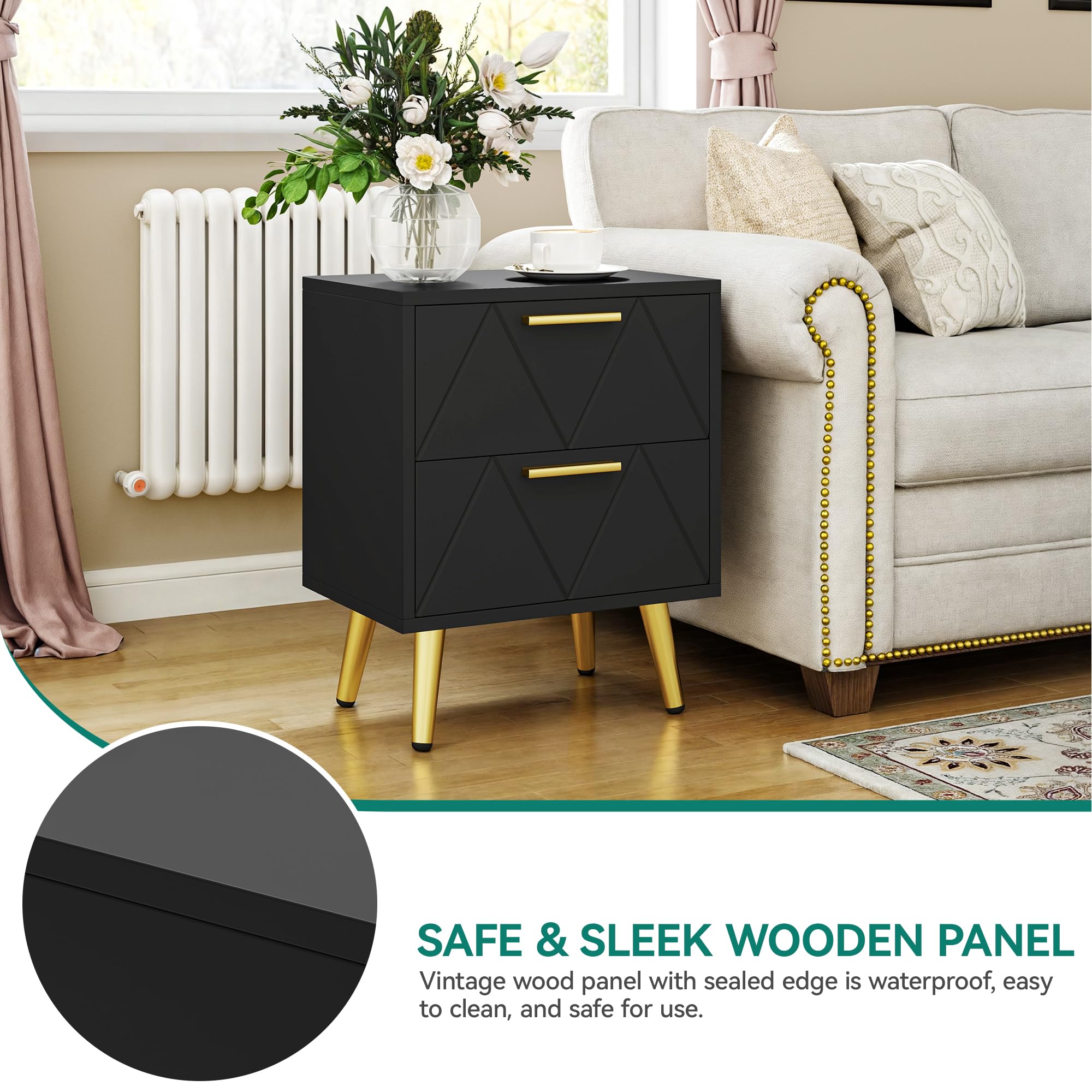 YITAHOME 2-Drawer Bedside Table Set of 2, Small Bedside Storage Cabinet with Storage, Nightstand End Table for Living Room Bedroom Office