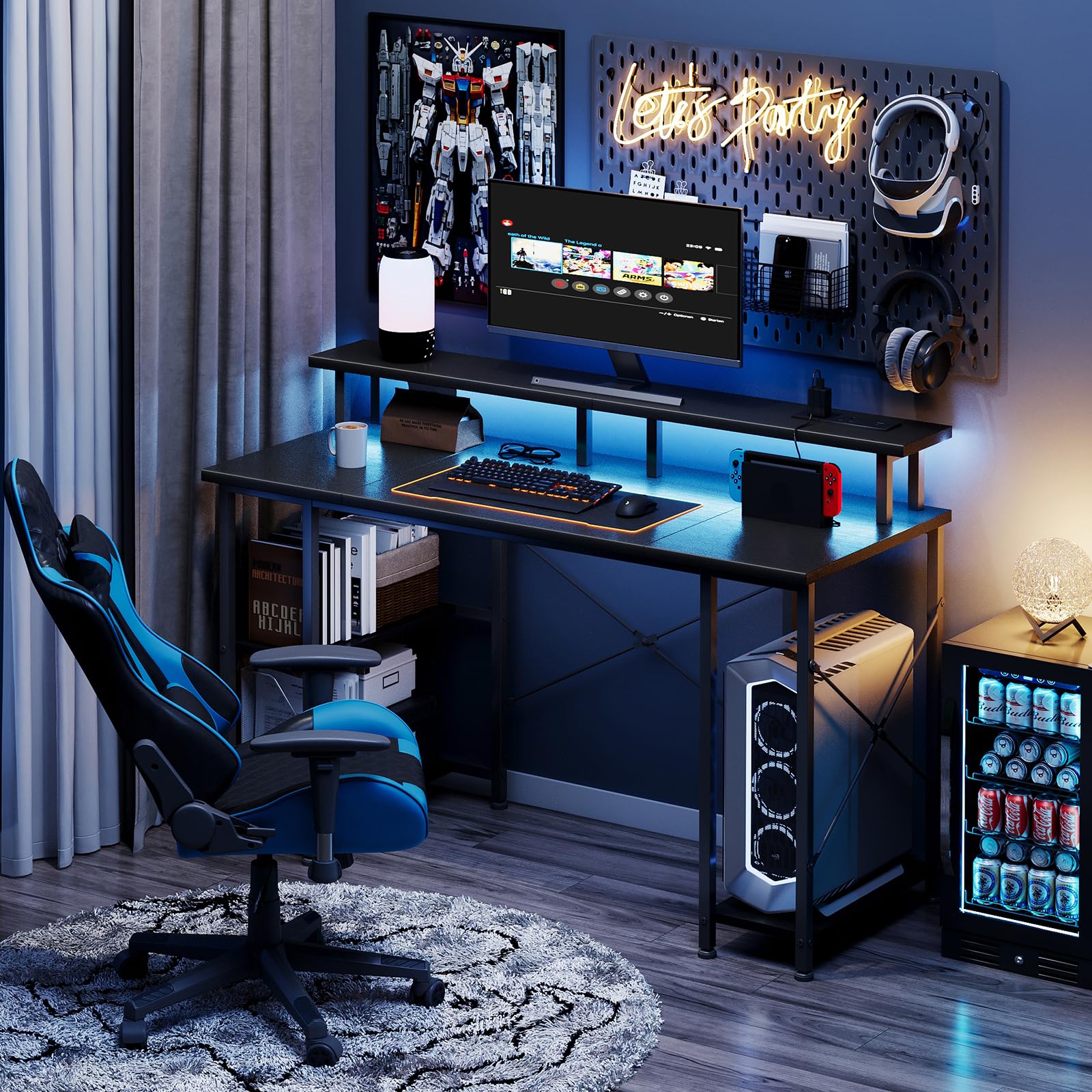 MUTUN Gaming Desk with LED Lights & Power Outlets, 120×50cm Computer Desk with Storage Shelves & Dual Monitor Stand