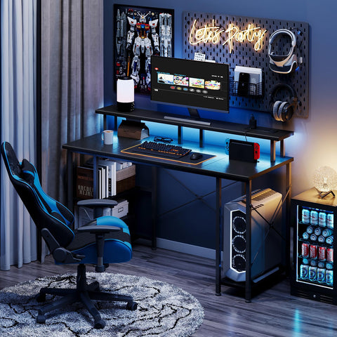 MUTUN Gaming Desk with LED Lights & Power Outlets, 120×50cm Computer Desk with Storage Shelves & Dual Monitor Stand