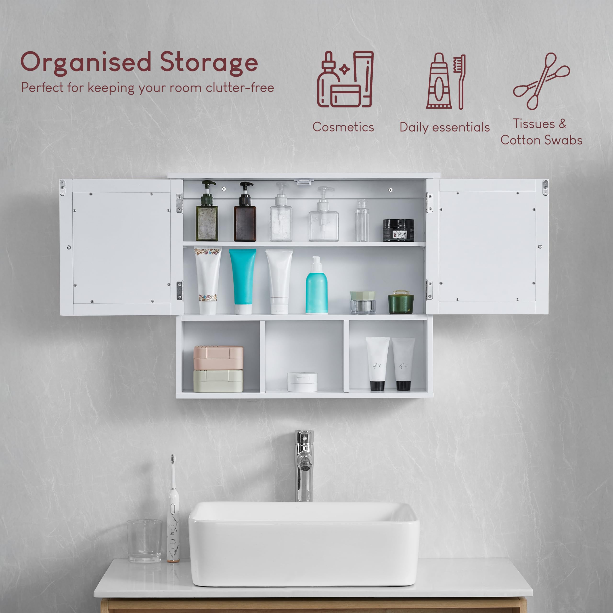 Bath Vida Priano Double Door Mirrored Bathroom Cabinet Storage Shelves Wall Mounted, White