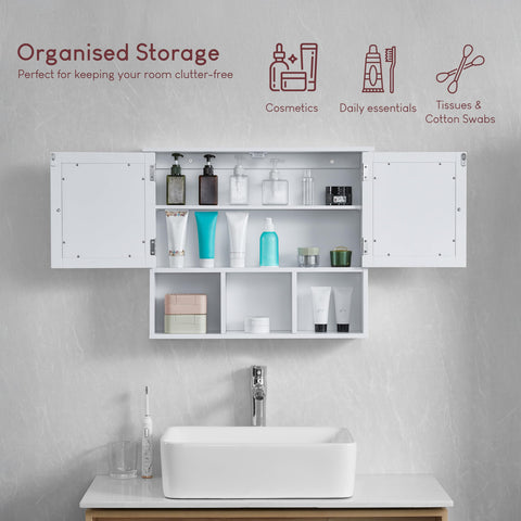 Bath Vida Priano Double Door Mirrored Bathroom Cabinet Storage Shelves Wall Mounted, White