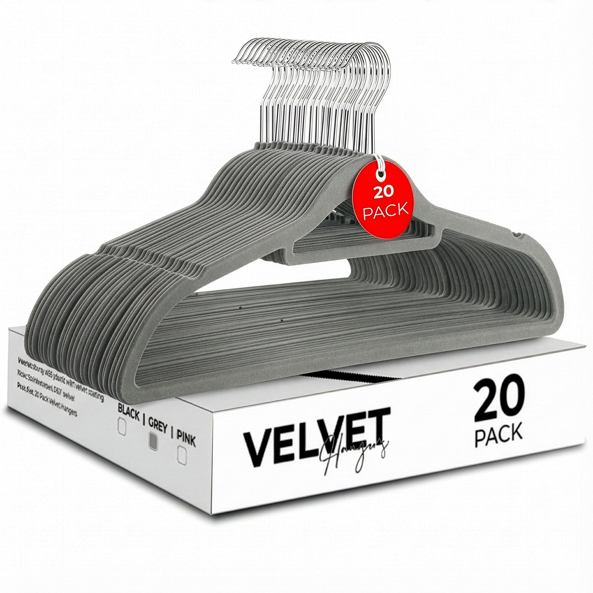 Roe Tenpo Coat Hangers, 20 Pack, Grey | Velvet Hangers for Clothes with Tie Bar & 360° Hook | Durable & Sturdy | Non-Slip