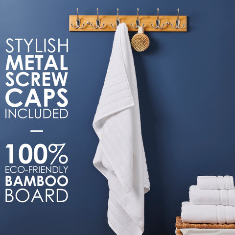 LARHN Wooden Wall-Mounted Coat Rack - 6 Matt-Nickel Coat Hooks, 59cm