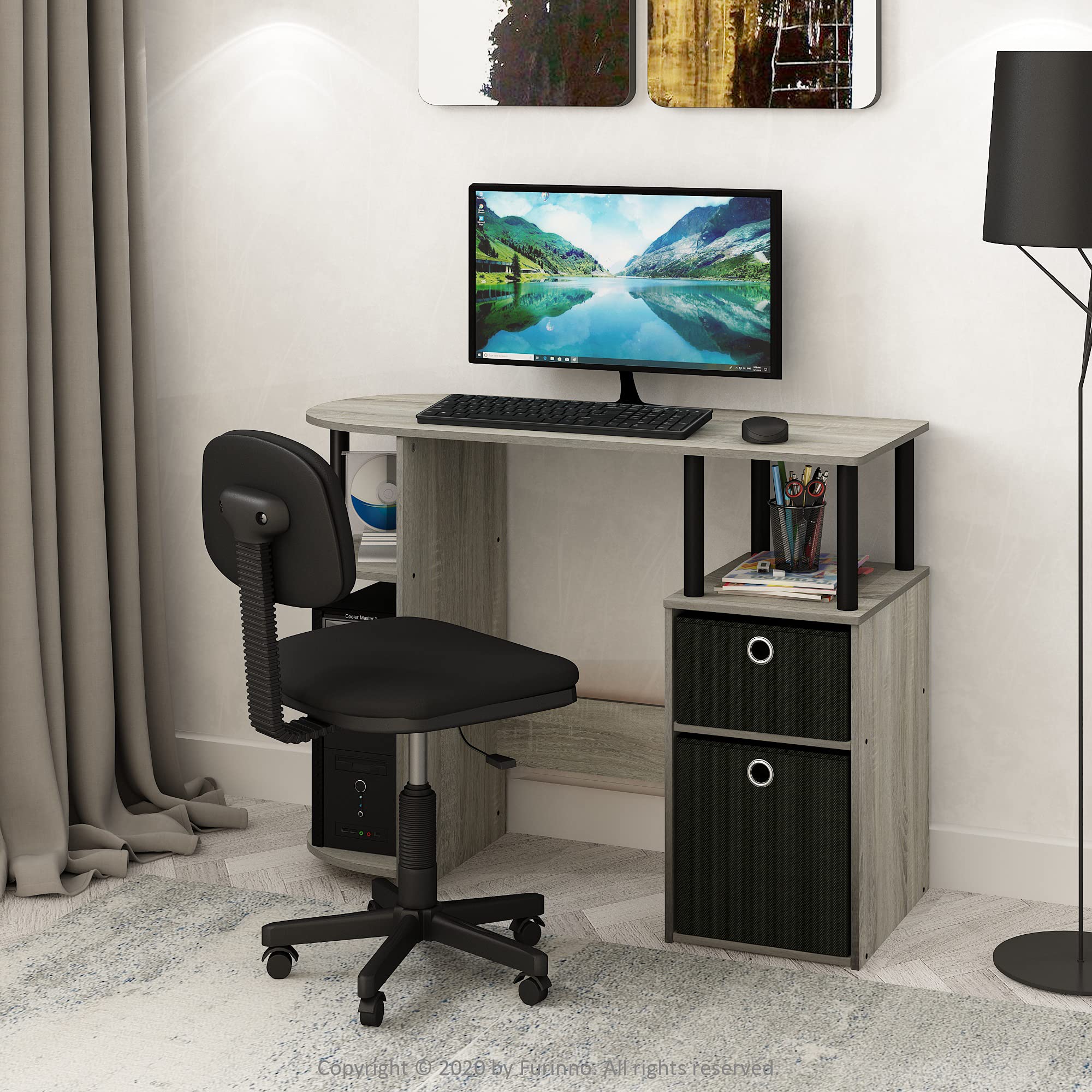 Furinno JAYA Simplistic Computer Study Desk with Bin Drawers, French Oak/Black
