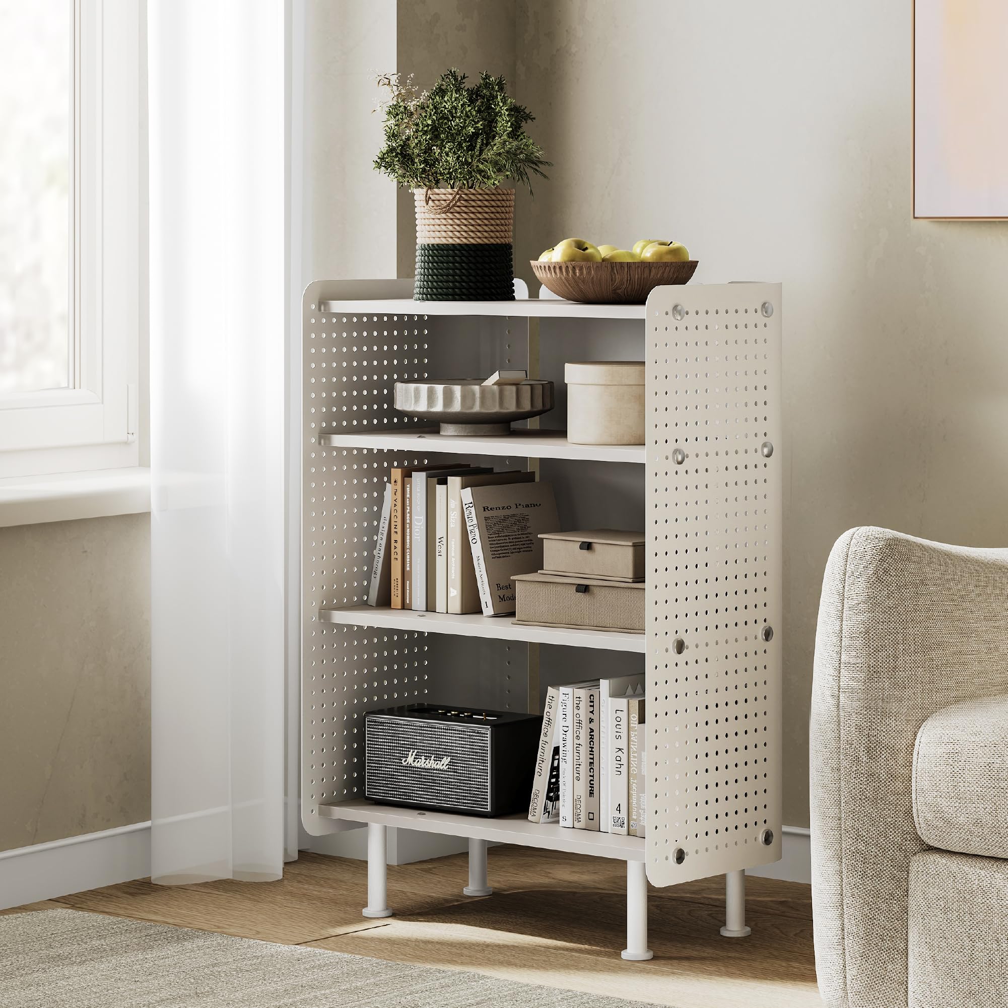 Fenge Bookshelf 4 Tiers Open Bookcase with Pegboard White