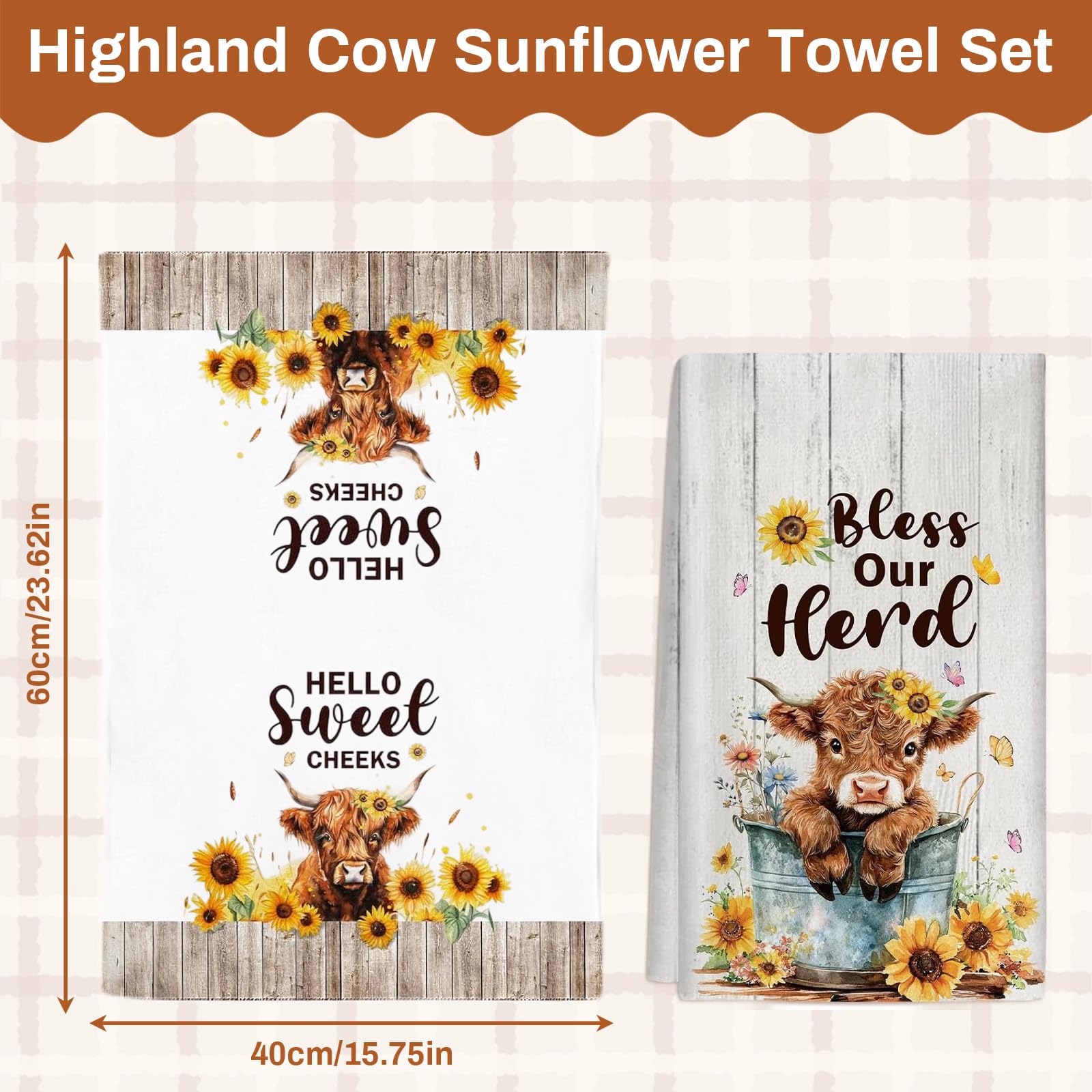 Fakcrkun Highland Cow Gifts, Highland Cow Tea Towel Set of 2, Soft Absorbent Microfiber Kitchen Towel for Kitchen, Home, Gift for Mother's Day
