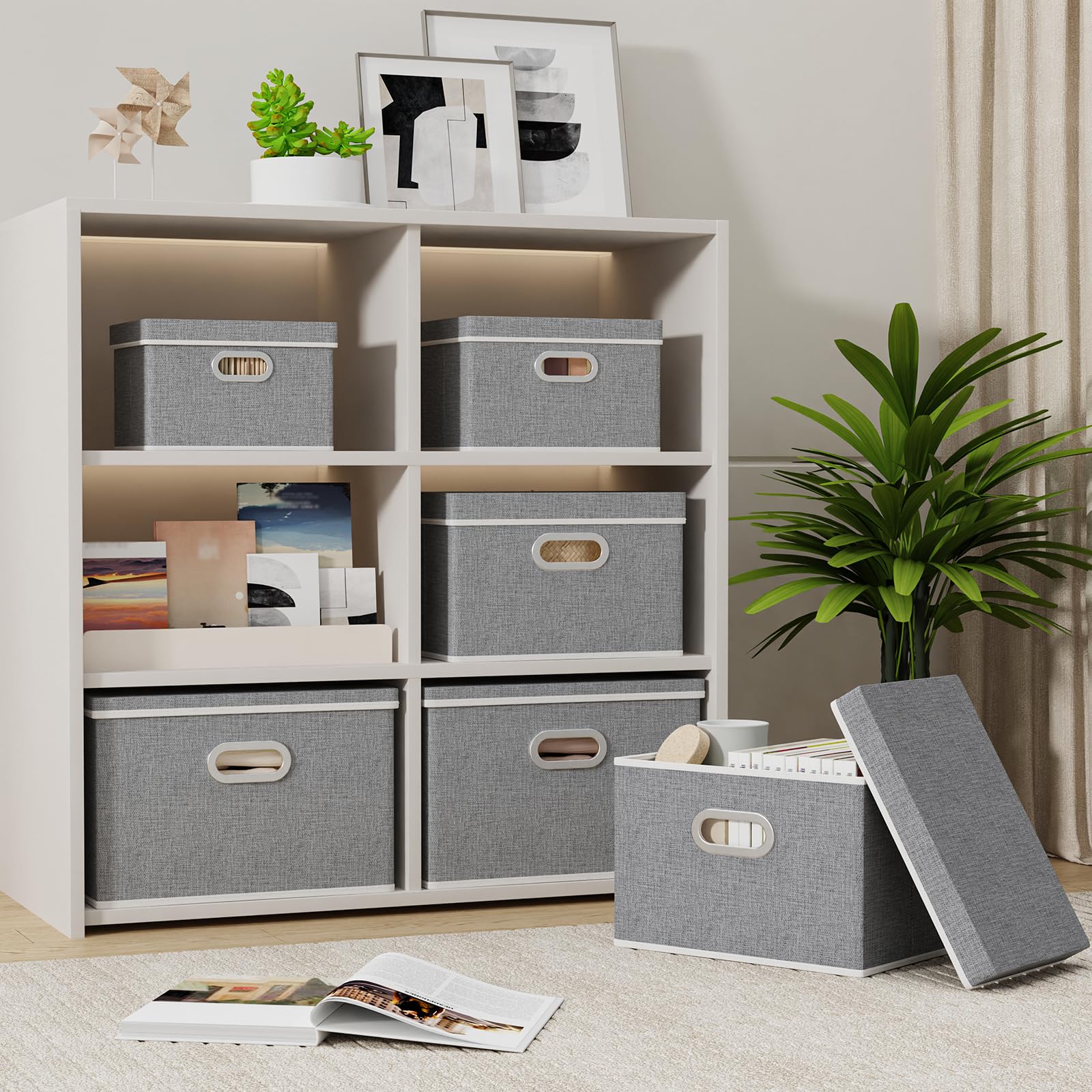Yawinhe Storage Box with Lids 2 Pack,Basket with Handles 38x25x25cm,Grey