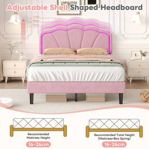ModernLuxe 4ft6 Double Upholstered Bed with LED Adjustable Shell Shape Headboard, Soft Velvet Bed Frame with Solid Wood Slats, No Box Spring Needed