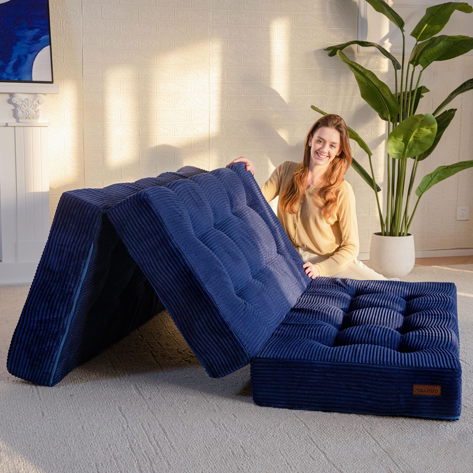 MAXYOYO Folding Mattress, Comfy Corduroy Foldable Mattress with 15cm Thicken Foam, Tri-Fold Floor Futon Sofa Bed for Guest,Dark blue,King