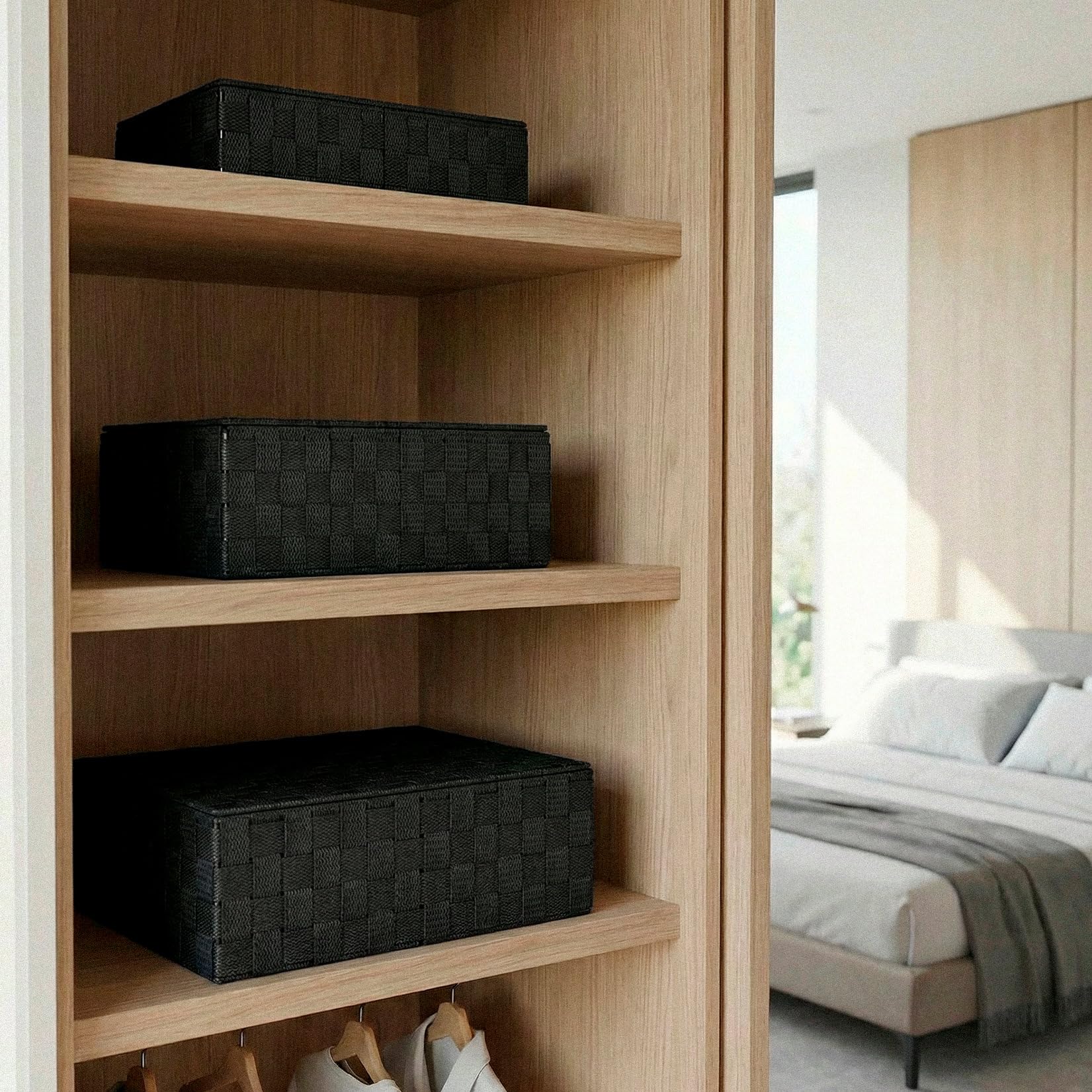 EHC Storage Boxes With Lid Set of 3, Storage baskets for shelves Woven, Storage Organiser Hamper Baskets, Black