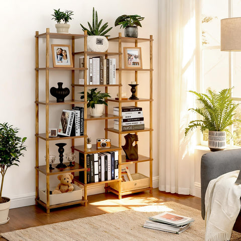 YGYQZ Shelving Unit, Cube Storage Unit with 17 Shelves, Tall Bookshelf Wooden Open Bookcase for Living Room, Home Office, Rustic Brown 114x30x163 cm