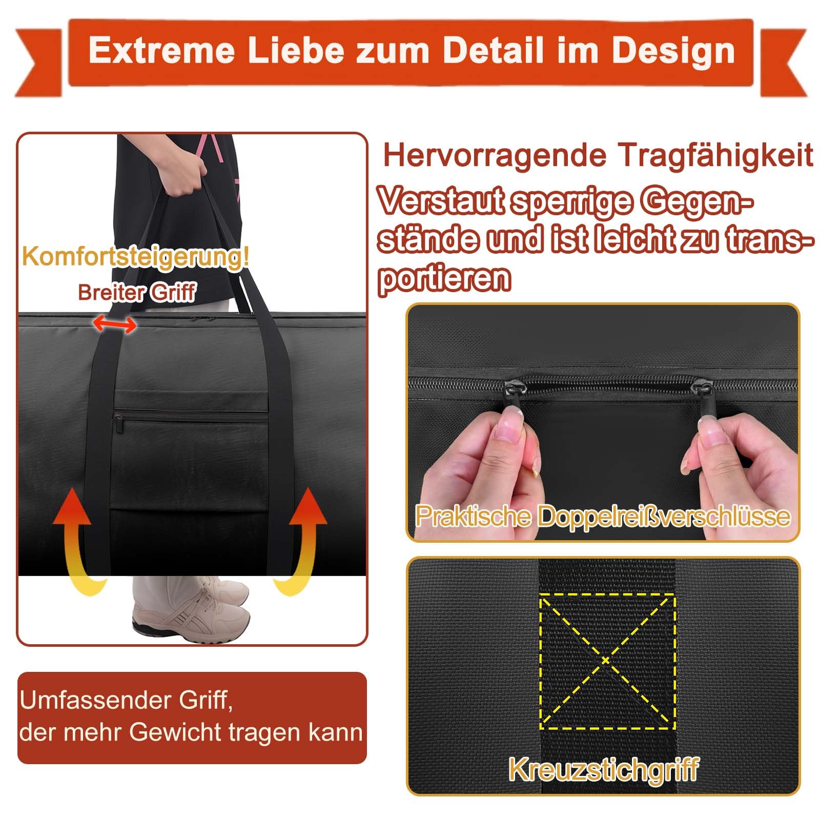 DSDCDJ Large Storage Bag, Heavy-Duty Moving Bags with Zips Handle, Black., 70x30x45cm, Nylon