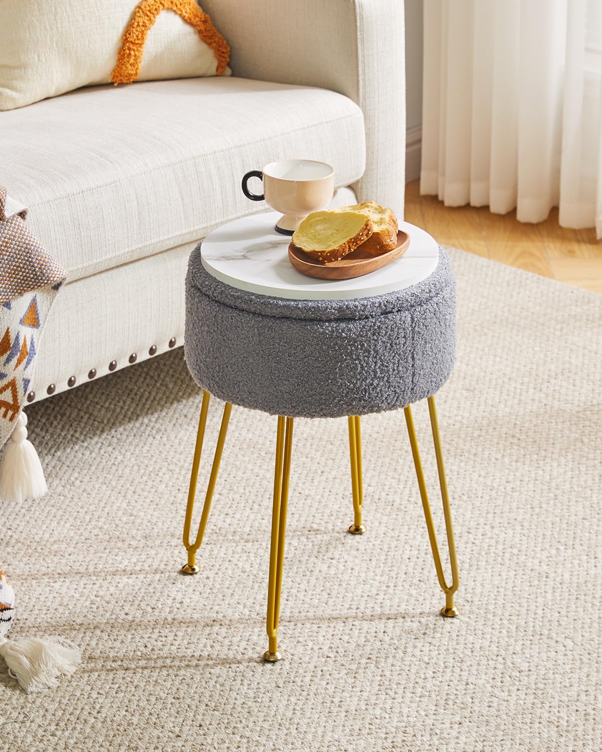 IBUYKE Makeup Vanity Stool, Teddy Velvet Storage Ottoman, Gray WBD010G