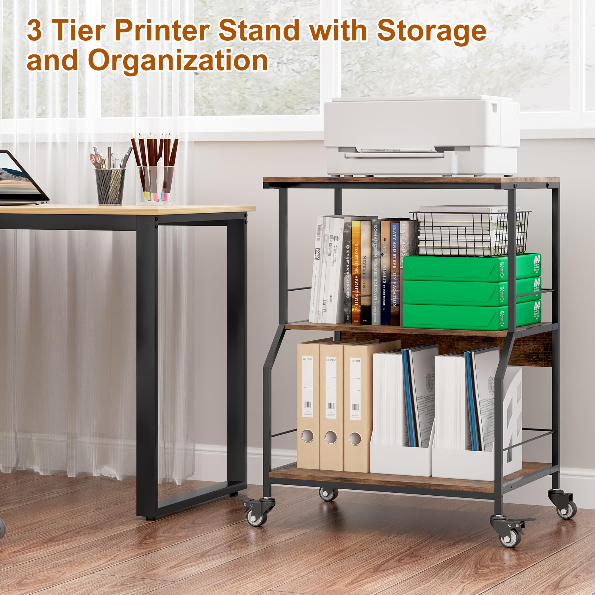 TQVAI 3 Tier Large Printer Stand with Storage on Wheels Printer Table Home Office Microwave Shelf for Kitchen Storage Trolley Rustic Brown Furniture