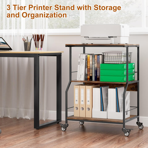 TQVAI 3 Tier Large Printer Stand with Storage on Wheels Printer Table Home Office Microwave Shelf for Kitchen Storage Trolley Rustic Brown Furniture