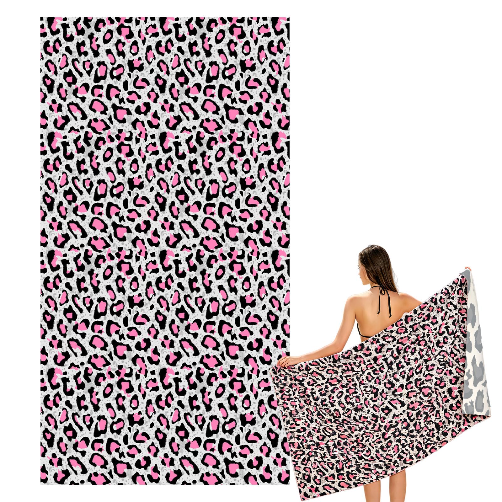 Large Quick Dry Microfibre Beach Bath Towel for Adult,Double Sides Pink Spots Leopard Sand Free Beach Towel with Bag,Lightweight Gym Yoga Sports