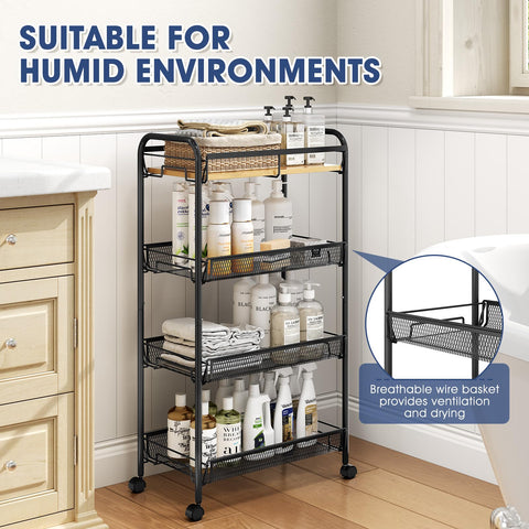 KINGRACK 4-Tier Rolling Cart with Wooden Tabletop & Mesh Baskets, Slide Out Metal Utility Cart