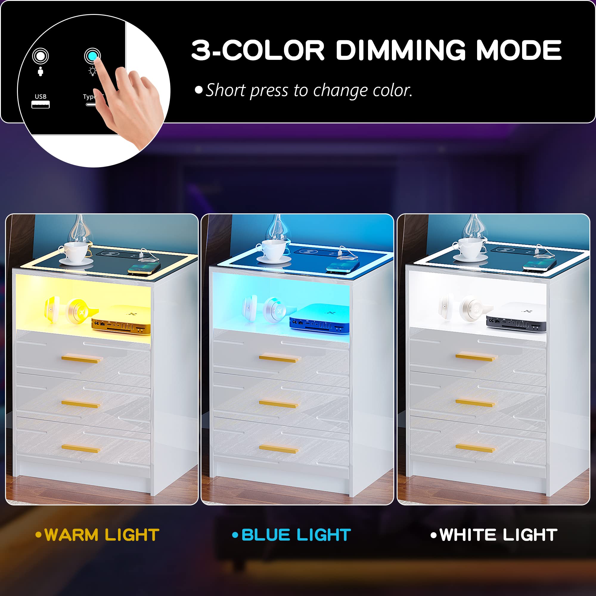 Bedside Table with Wireless Charging Station & 3 Drawers for Living Room