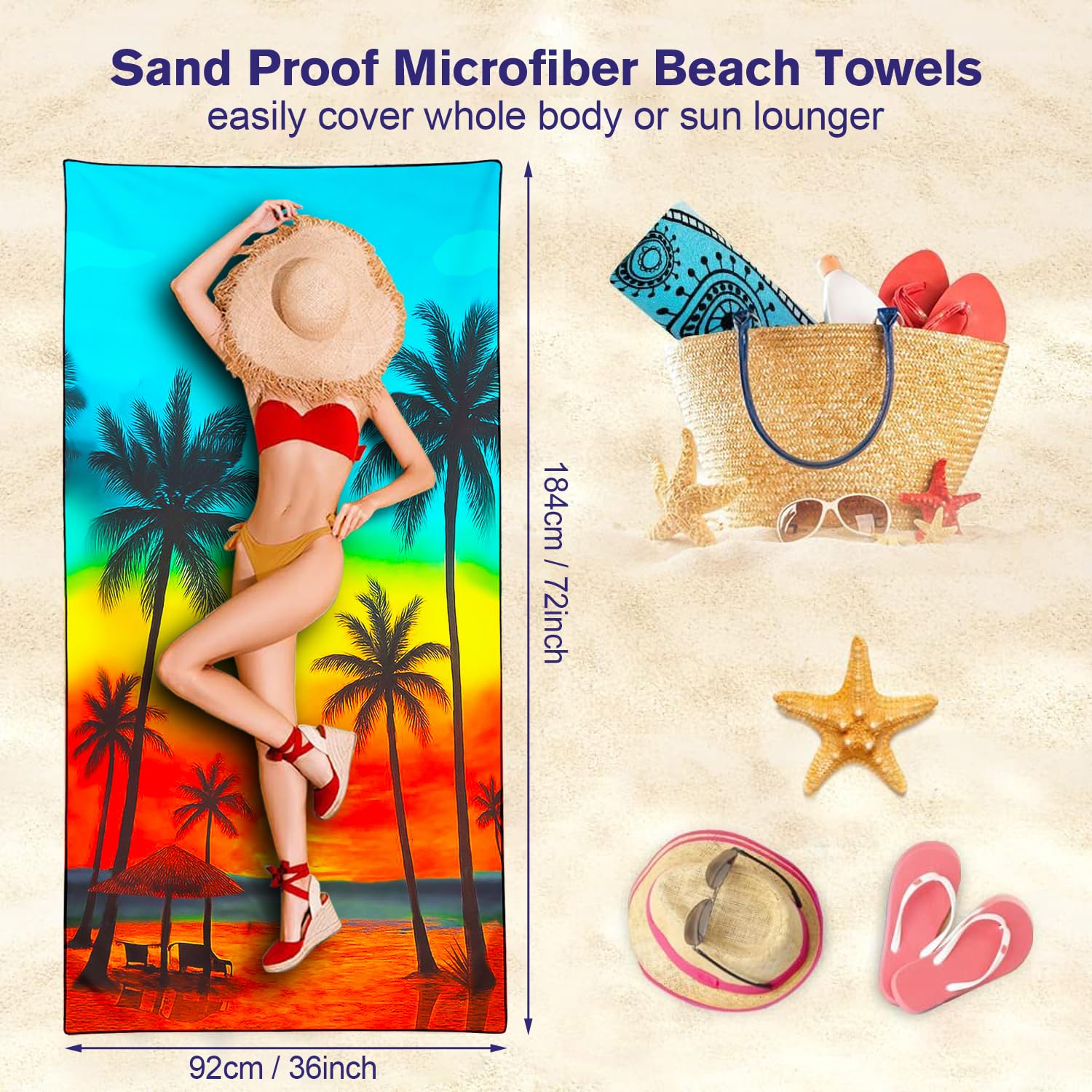 Violetpos Rainbow Sunset Palm Tree Beach Towel, Extra Large 180x90 cm 250GSM Microfibre, Sand Free Quick Dry