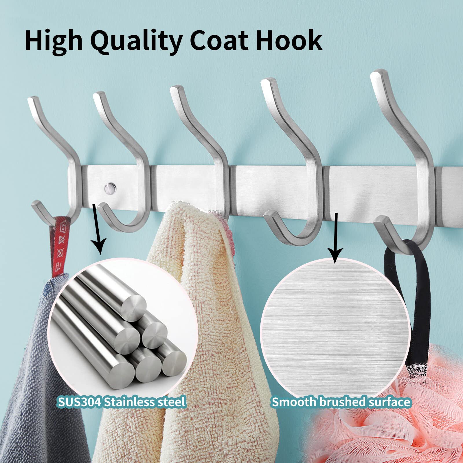 MEIJO Coat Hooks Wall Mounted, Coat Rack Wall Mounted Stainless Steel with 6 Hooks Heavy Duty Coat Hooks for Door, Bedroom, Bathroom, Kitchen
