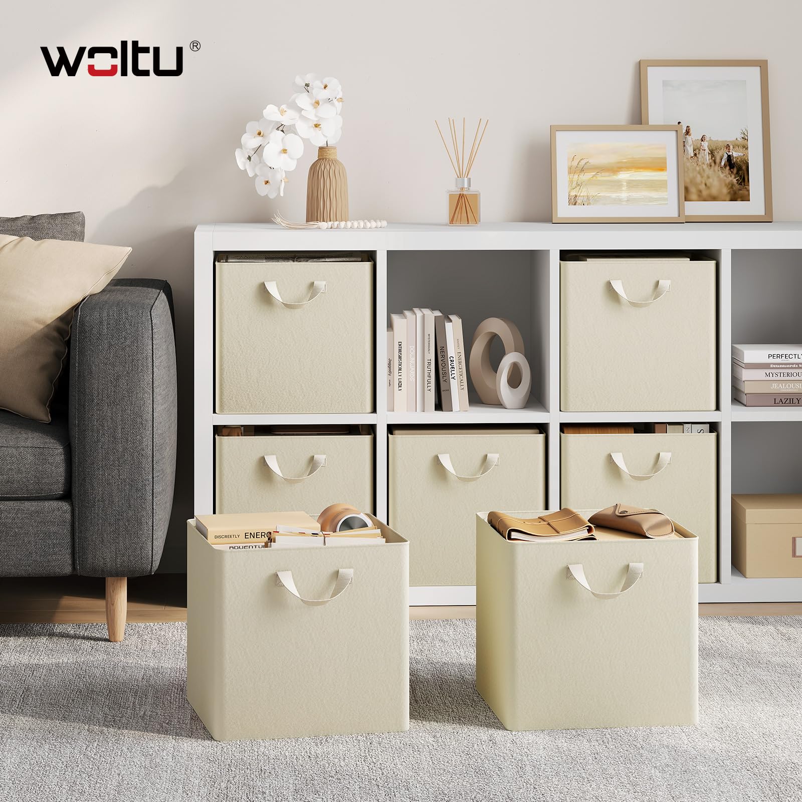 WOLTU Fabric Storage Boxes Set of 5, Collapsible Cube Baskets with Handles and Metal Frame, Wardrobe Organisers for Bedroom, Living Room, Study