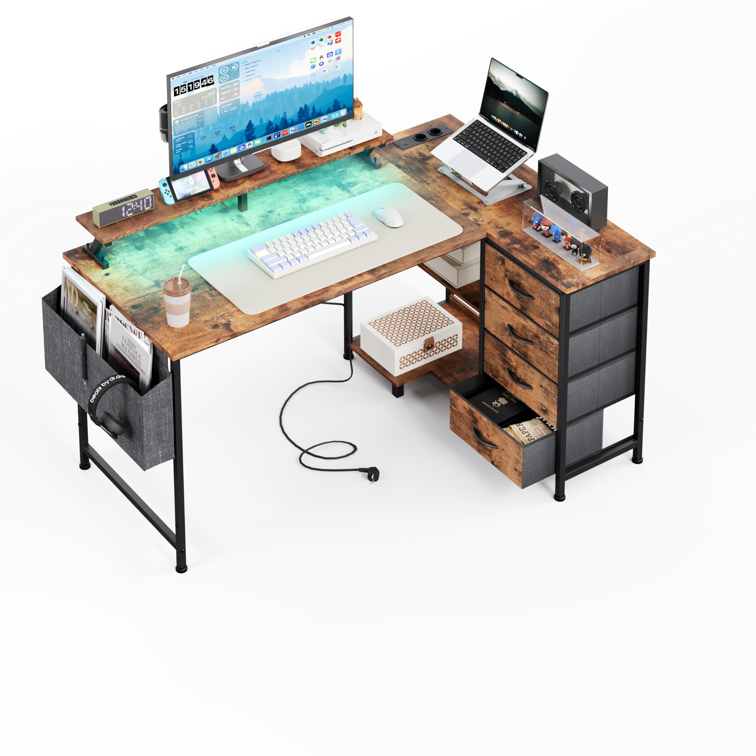 CAIYUN Corner Desk with 4 Fabric Drawers, 120 x 90 cm, L Shape Reversible Desk with USB Charging Port and Socket