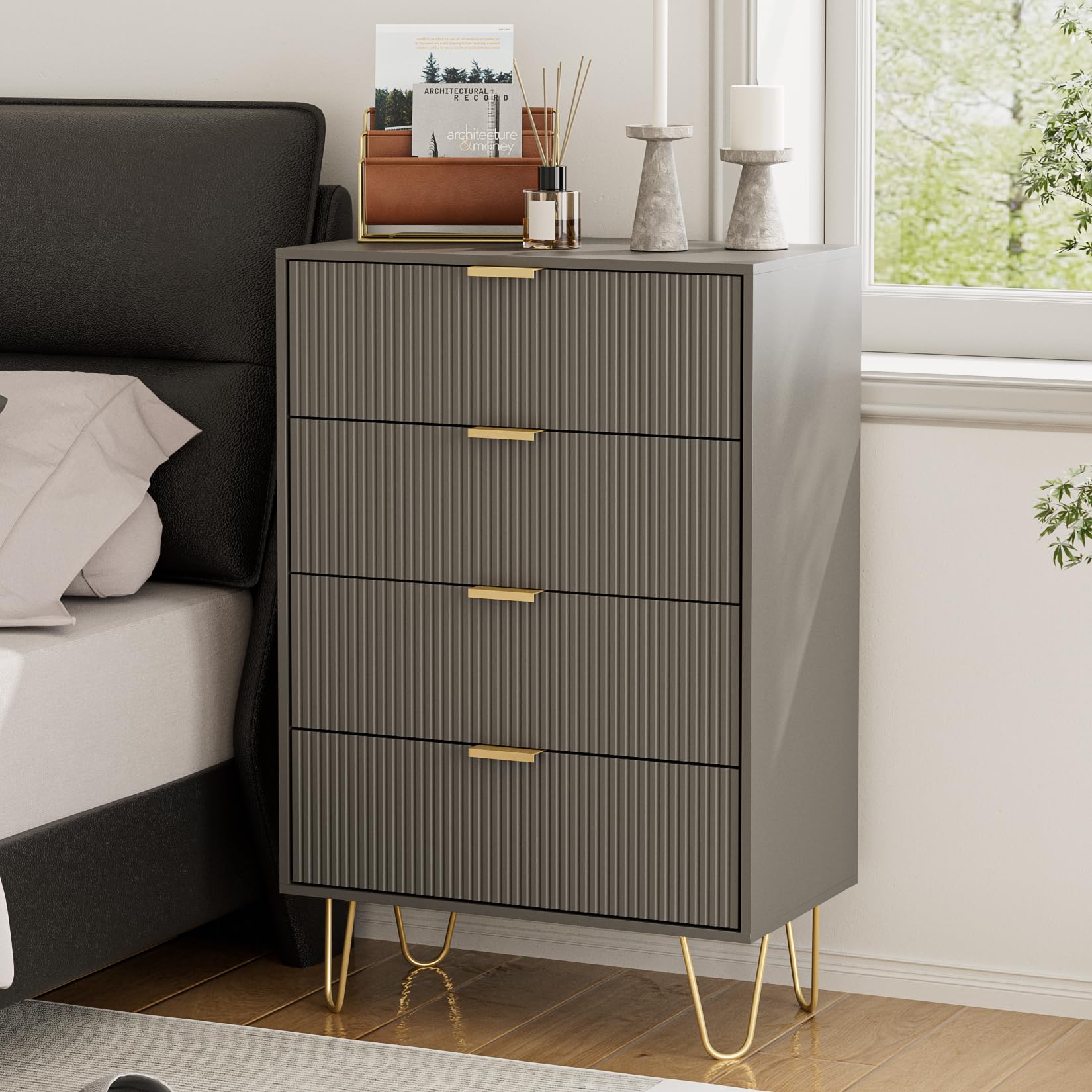HEYZOEY Grey Chest of 4 Drawers for Bedroom, 60x34x91cm, Wood Storage Dresser Bedroom Furniture Cabinet for Living Room,Office,Lounge,Grey