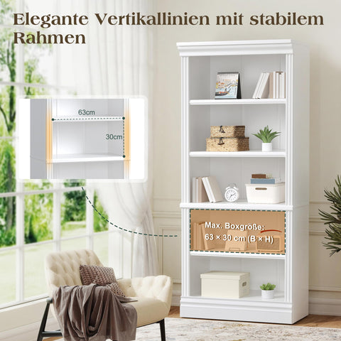 LUXOAK Bookcase, 5-Tier 181cm Tall Book Shelf with Vertical Line Frame, Slim Freestanding Storage Shelf, Anti-Tip Safety Kit