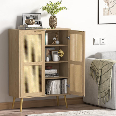 Yvsevnr Rattan Tall Sideboard for Living Room, Hallway Storage Cabinet with 3 Adjustable Shelf