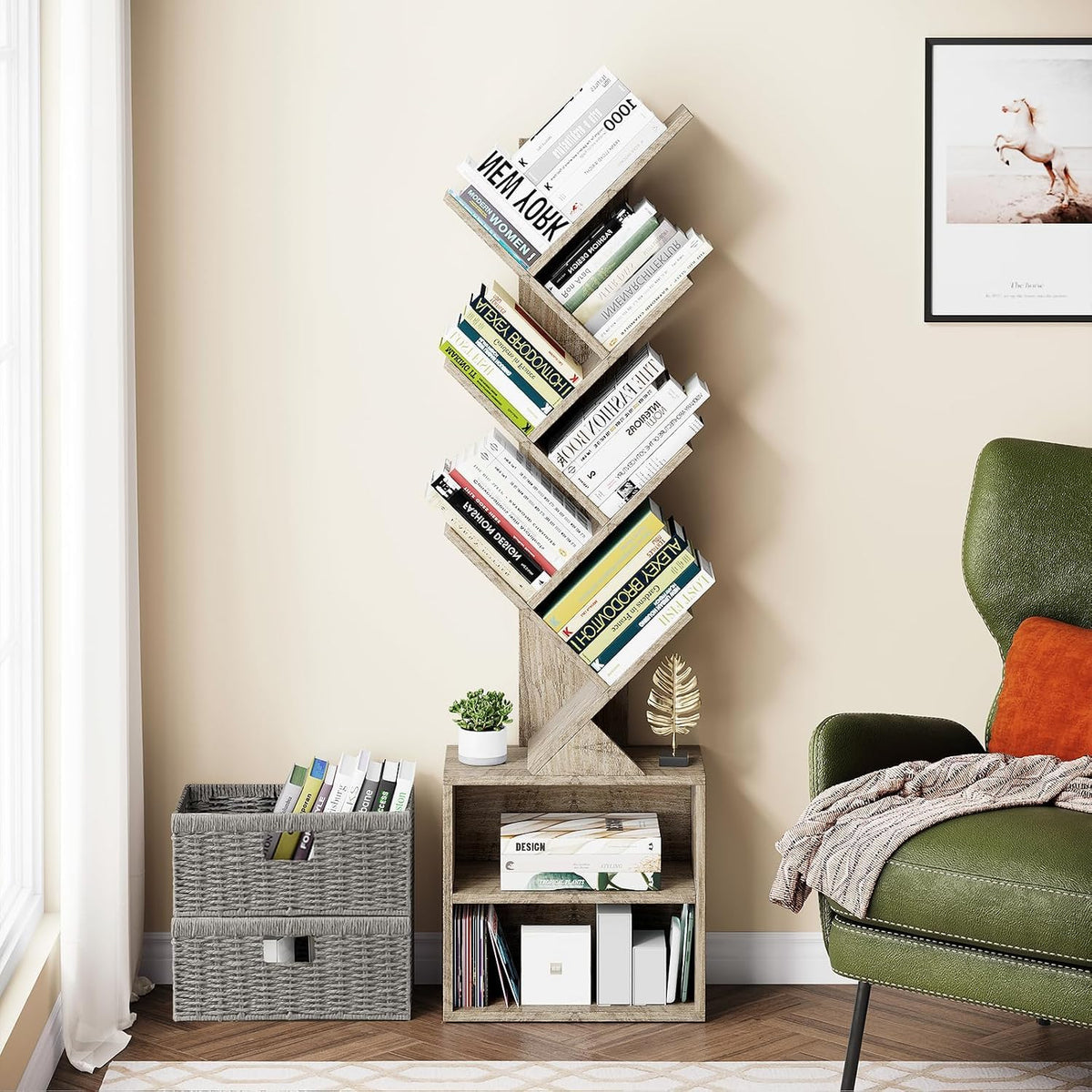 Vagusicc 6 Tier Tree Bookshelf, Modern Floor Standing Bookcase with Storage Drawer, Space Saving Storage Organizer Book Shelves for Books