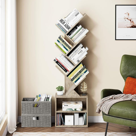 Vagusicc 6 Tier Tree Bookshelf, Modern Floor Standing Bookcase with Storage Drawer, Space Saving Storage Organizer Book Shelves for Books
