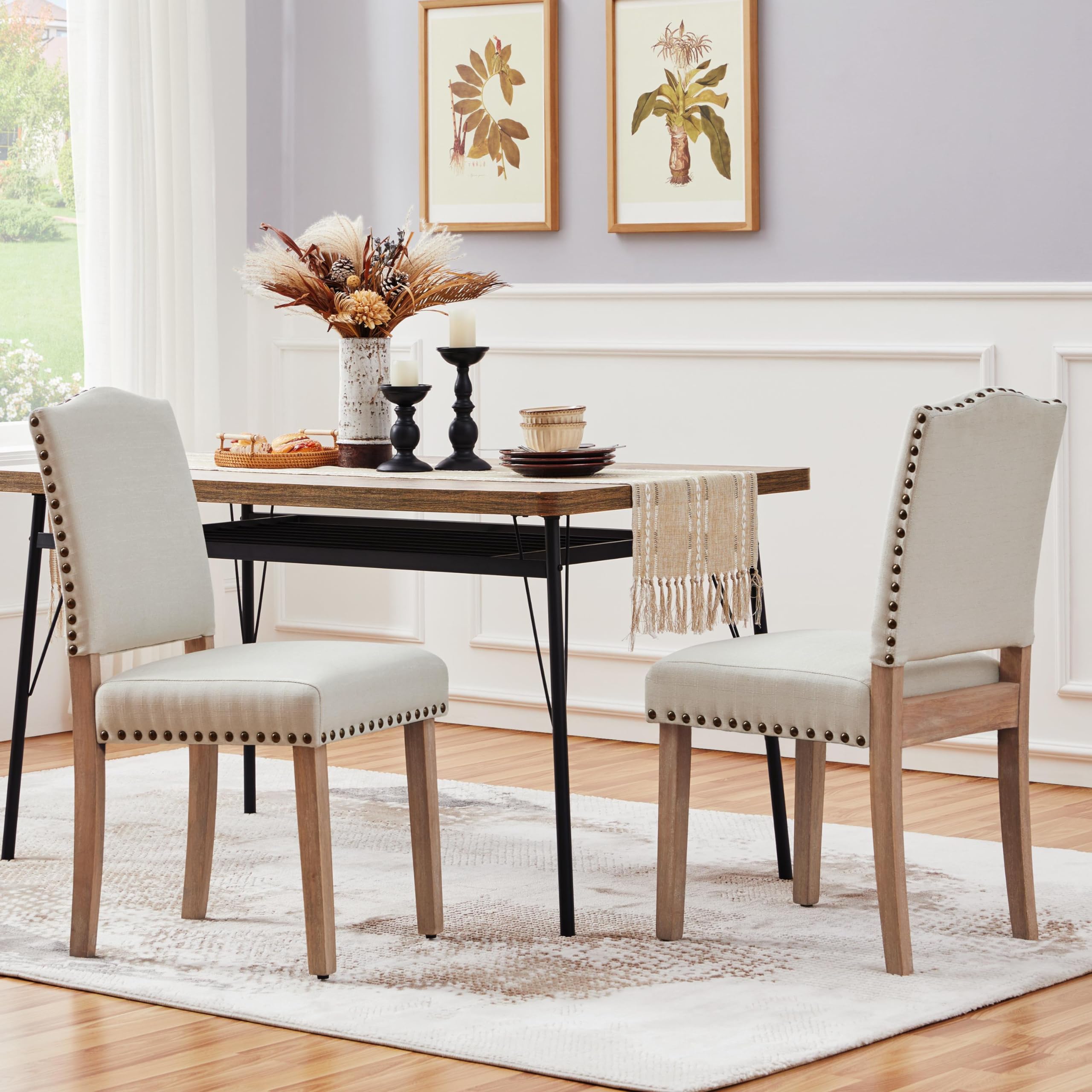 Yaheetech Fabric Dining Chairs Set of 2 Nailhead Trim Upholstered, Beige