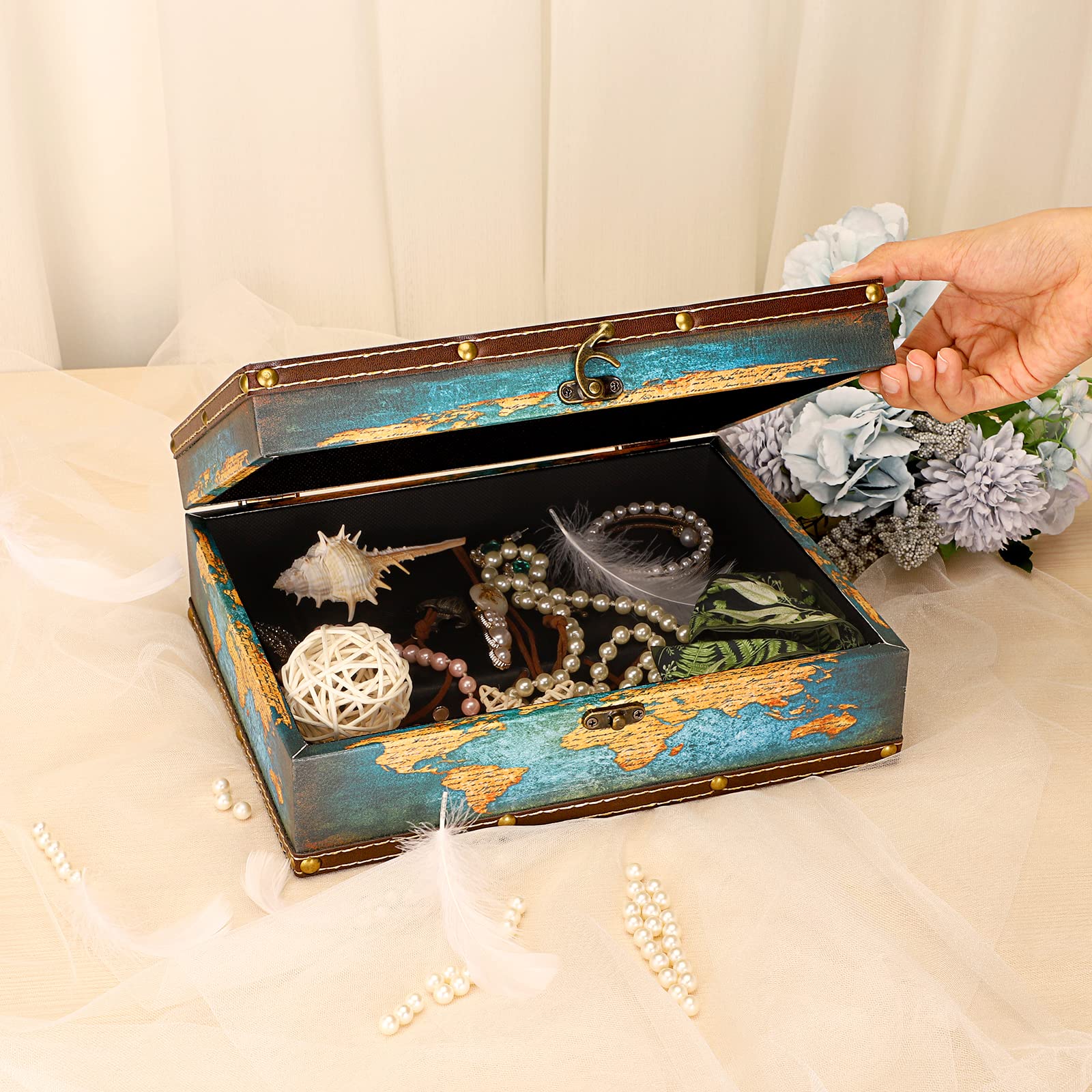 SUMNACON Vintage Treasure Storage Box with Latch 27.2*21.5*9.4cm, Green Map