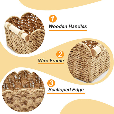 Yiomxhi 2 Pcs Wicker Storage Baskets, Woven Organizer Bins with Wooden Handles, Rope Scalloped Edge Toilet Paper Baskets for Bathroom, Shelf, Kitchen
