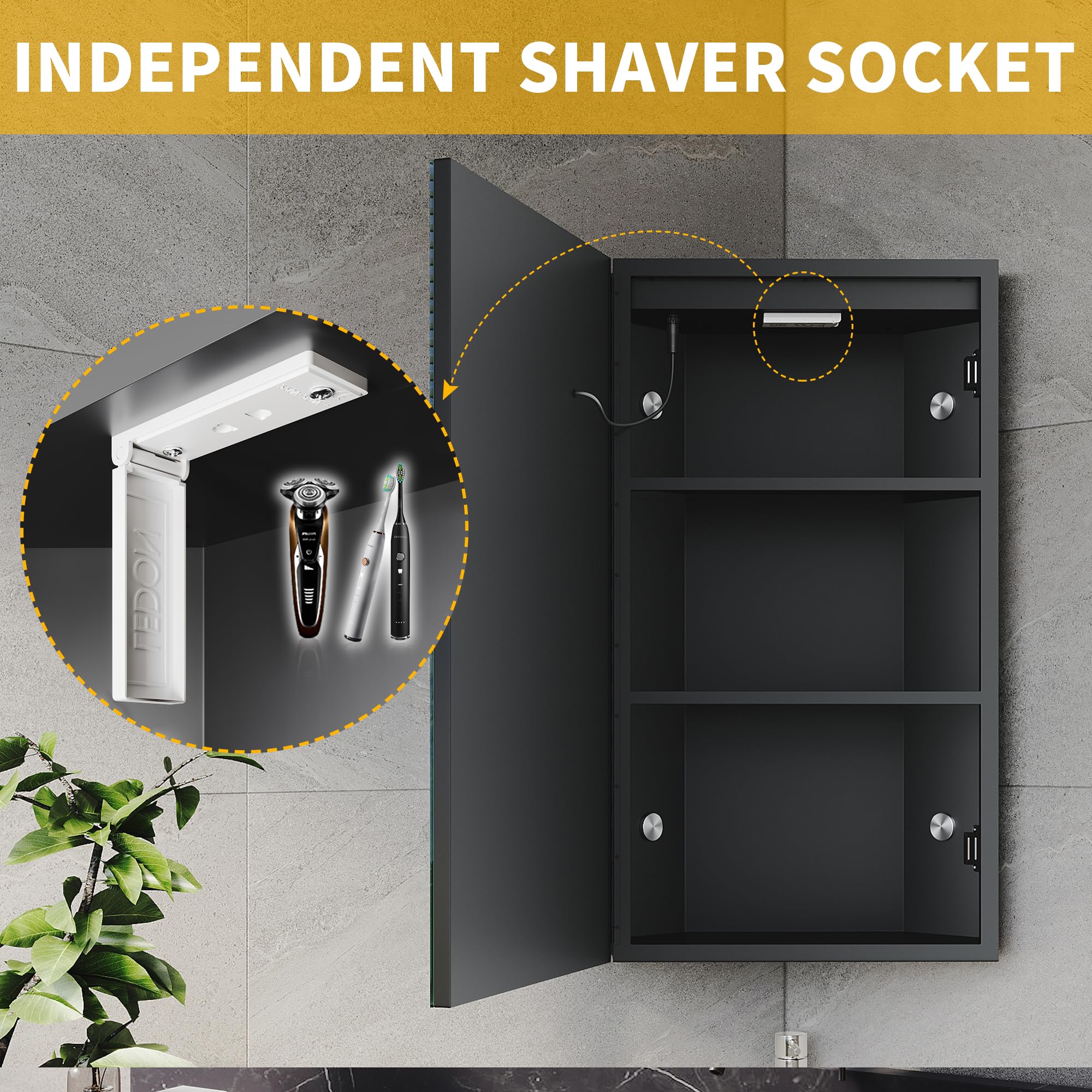 ELEGANT LED Bathroom Mirror Cabinet with Shaver Socket, 3 Storage Shelves, Demister, Three Color Temperature, Infinitely Dimmable, 385x700mm Black