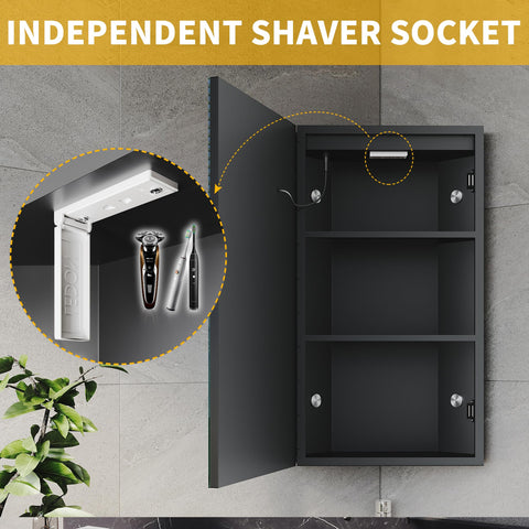 ELEGANT LED Bathroom Mirror Cabinet with Shaver Socket, 3 Storage Shelves, Demister, Three Color Temperature, Infinitely Dimmable, 385x700mm Black