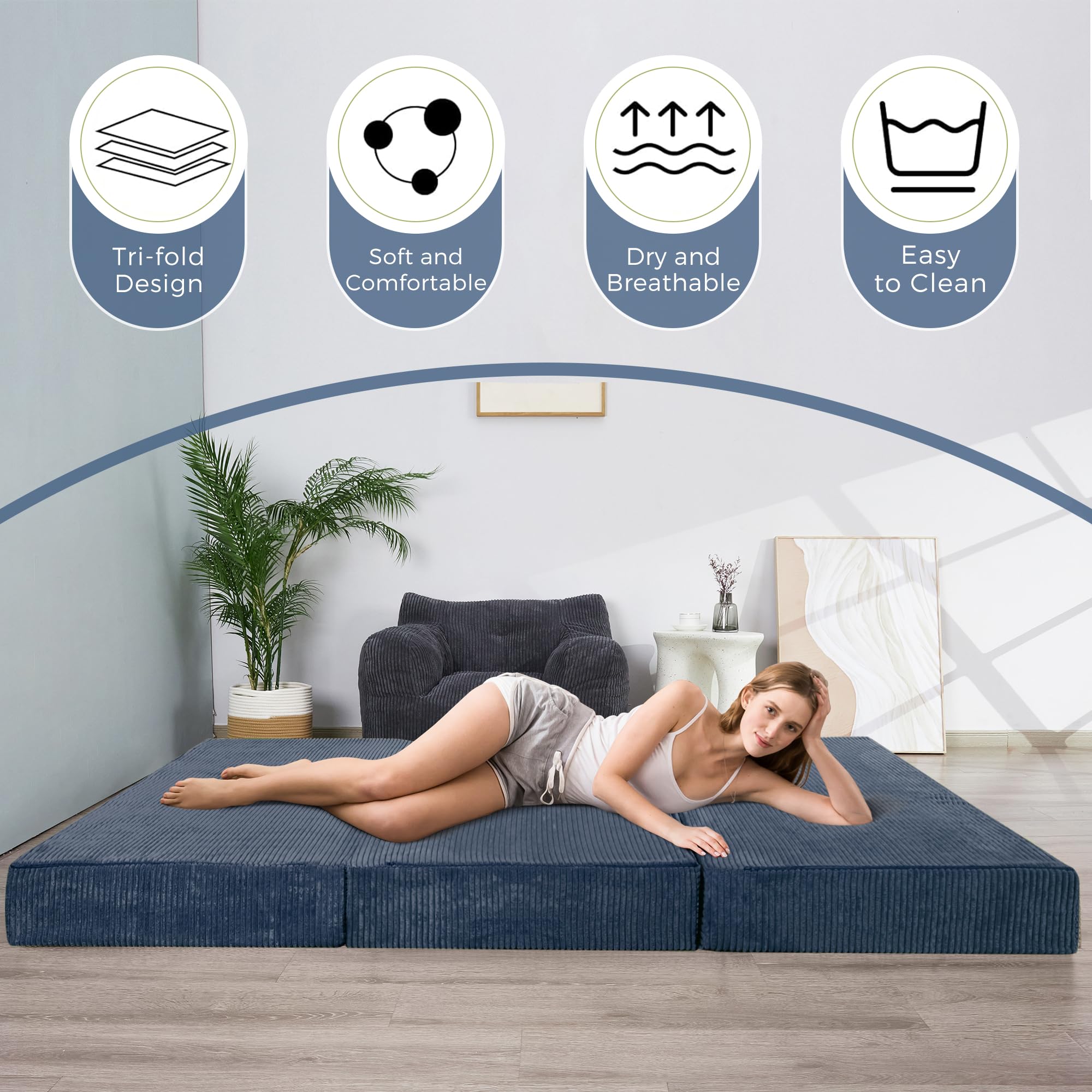 MAXYOYO Folding Corduroy Mattress, Tri Fold Floor Mattress 10cm thick with Washable Cover,Foldable in Three,Space-Saving for Guest (Bluestone, Double)